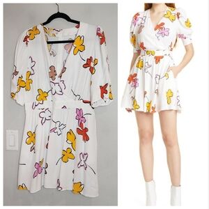 TED BAKER Wesllie White Floral Faux Wrap Front Mini Dress Ted Size 4 US Size 10